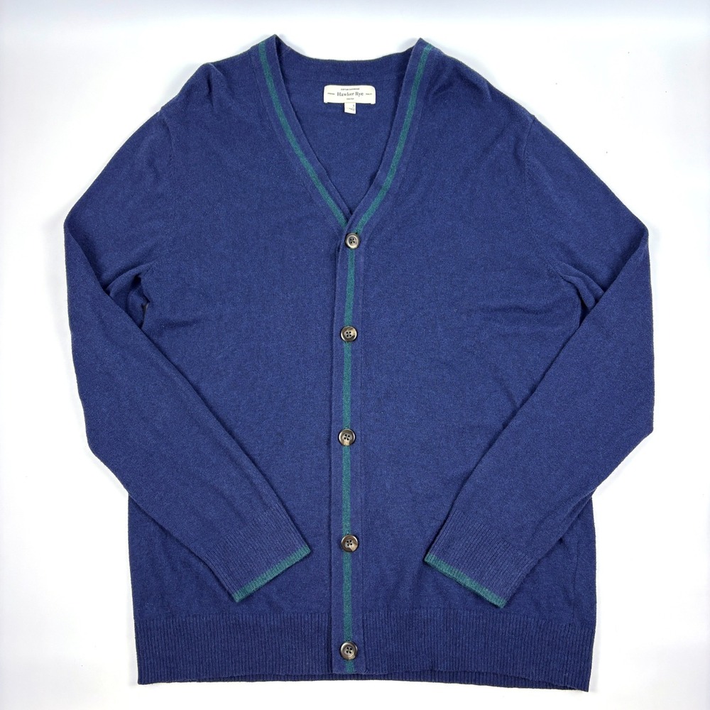 Hawker Rye Cotton Cashmere Cardigan Sweater Mens Sz L Navy Green Collegiate Prep
